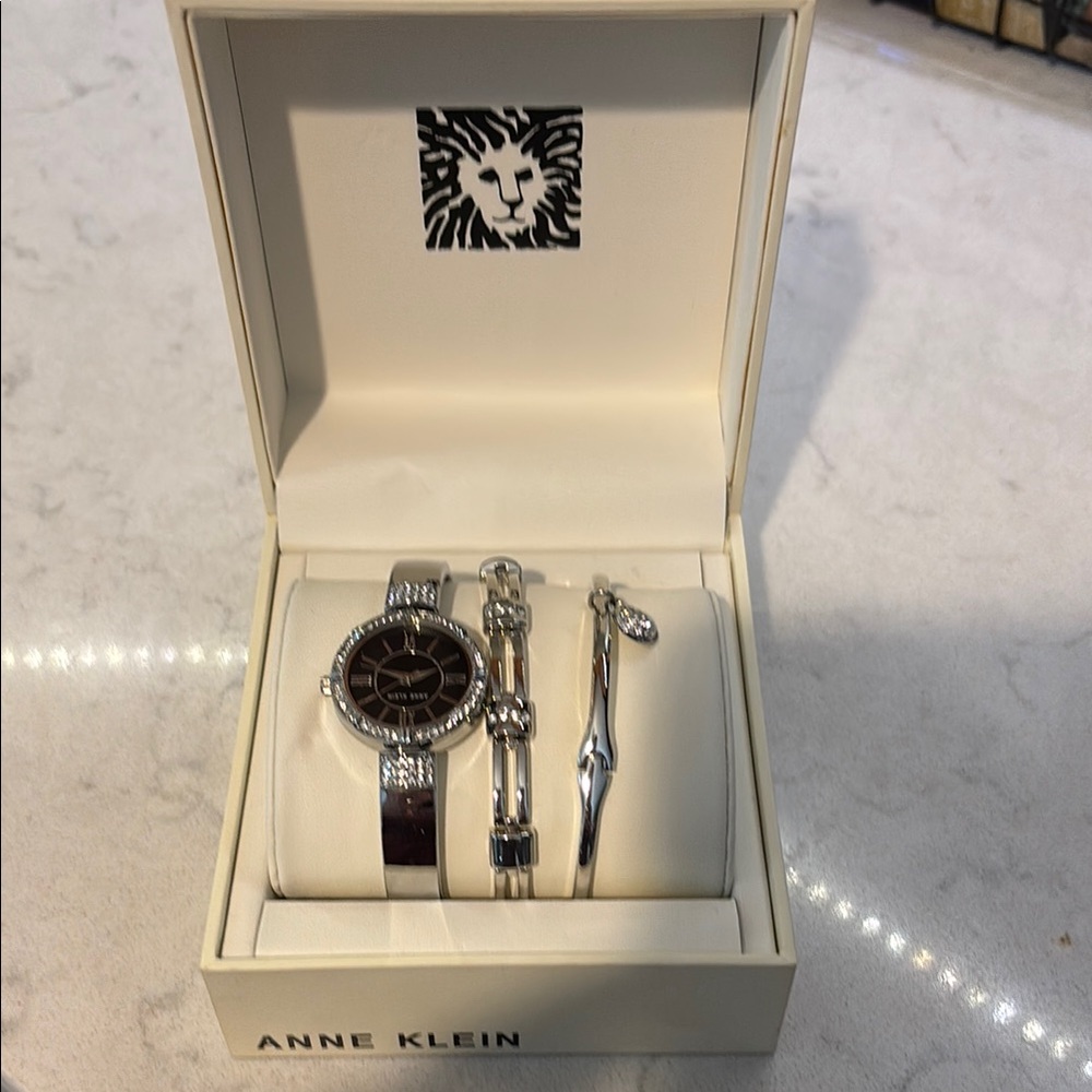 Elegant Anne Klein Silver and Black Watch Set with Crystals and 3 bands